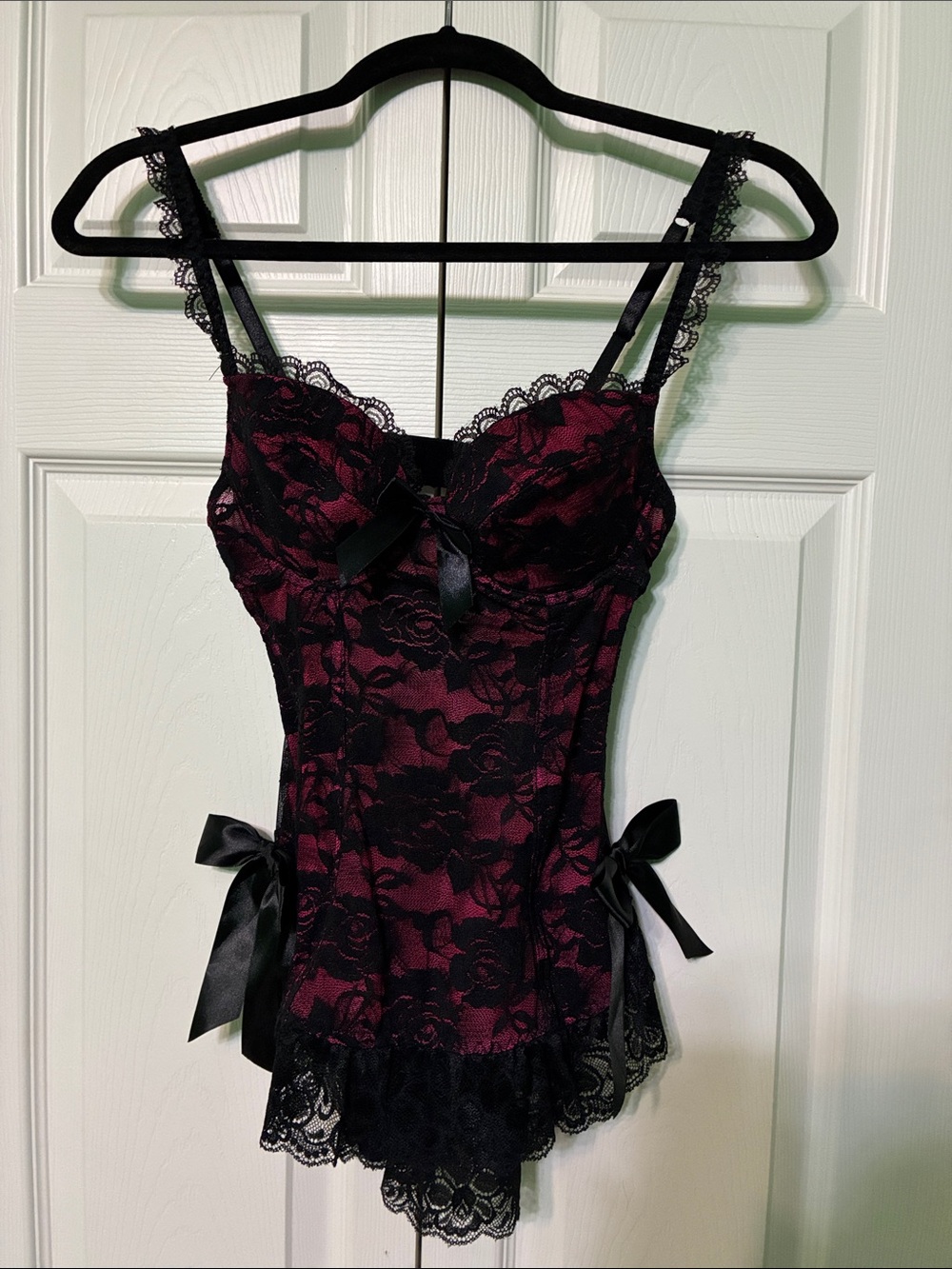 Plunge Lace-Overlay Pink Chemise with Black Accents